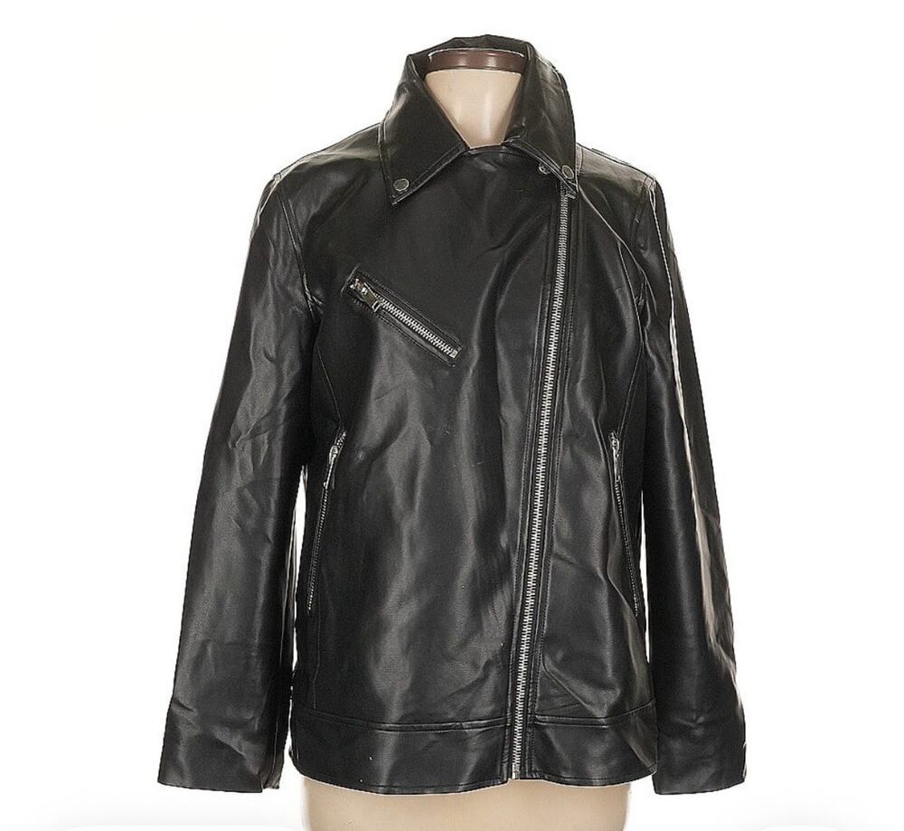 Avec Les Filles Cropped Black Faux Leather Biker Jacket Zip Close Size Large